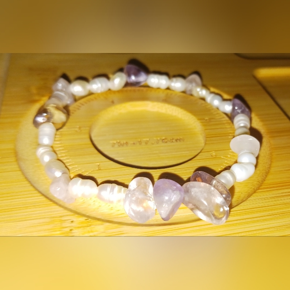 Elegant Freshwater Pearl with Ametrine and Rose Quartz Beaded Bracelet 7 Inch